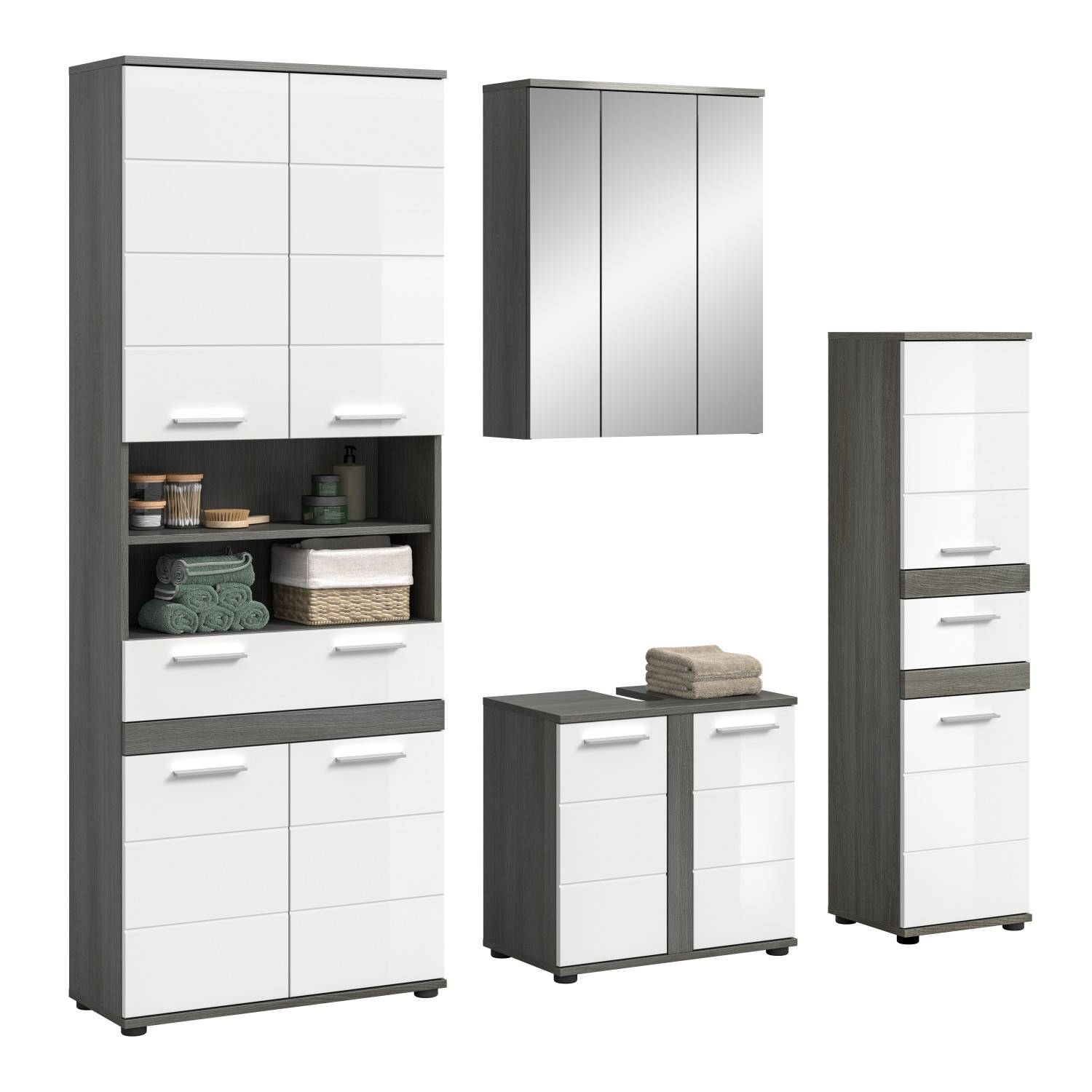 Vierteiliges Badezimmer Schrank Set in Weiß und Anthrazit mit modernem Design und viel Stauraum – Chapan