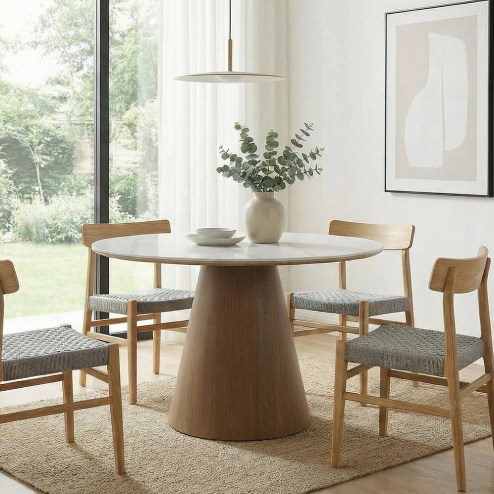 Moderner runder Esstisch mit Sintersteinplatte und Holzsockel im Esszimmer – Pietras