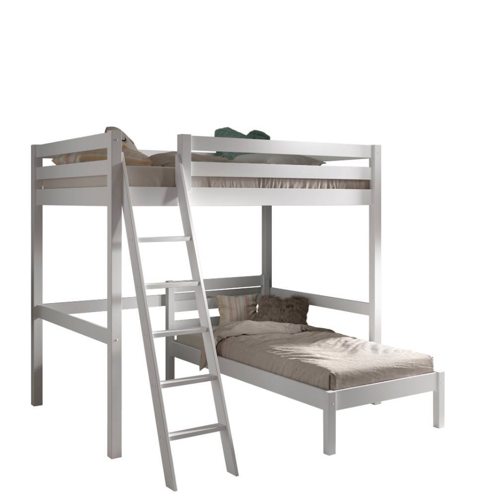 Komplettes weißes Stockbett 140x200 mit Leiter und freistehendem Einzelbett 90x200 aus Massivholz – Napcolia