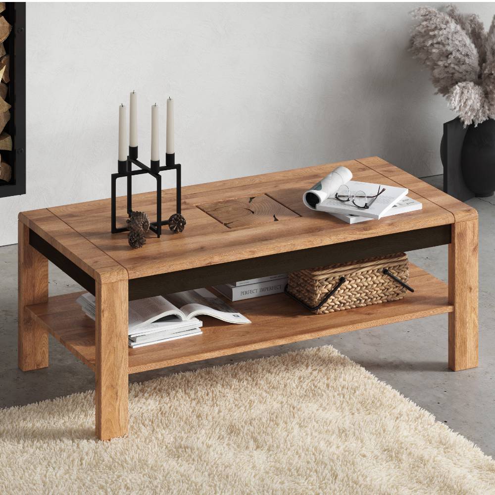 Wildeiche Couchtisch mit schwarzem Rahmen und Hirnholz-Detail, untere Ablage für Bücher – Shipper