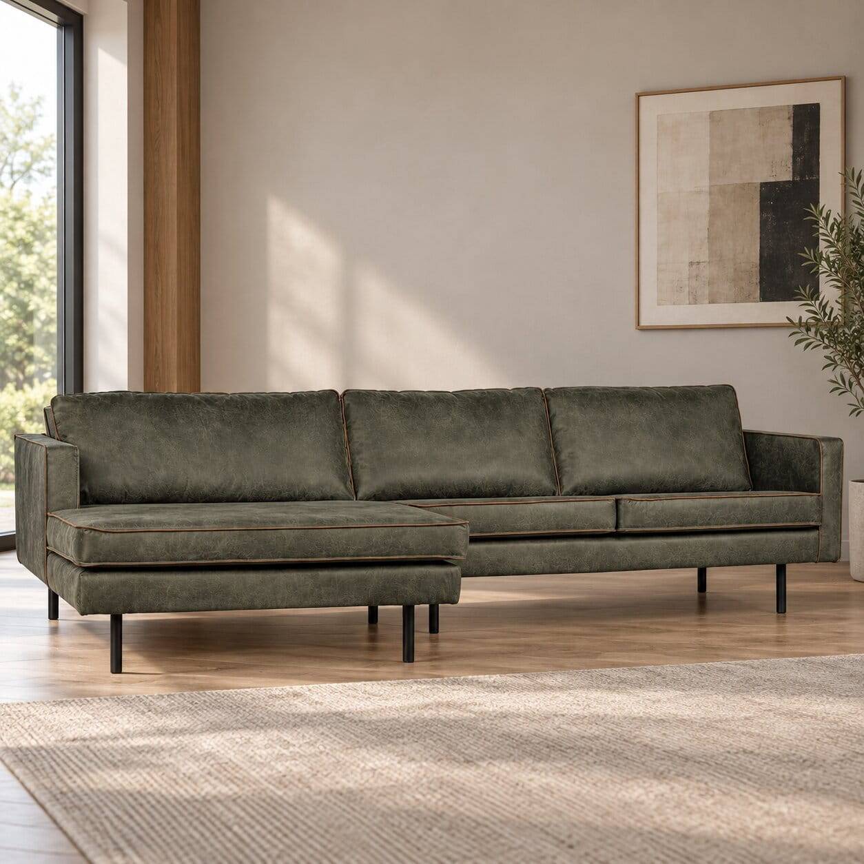 Recyclingleder Sofaecke in Oliv Grün für das Wohnzimmer mit Recamiere links – Laconca