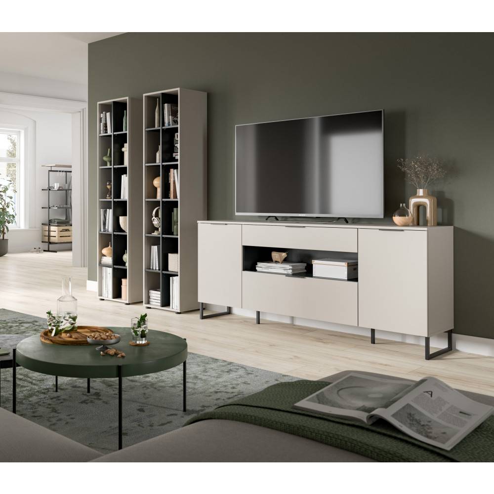 Moderne Wohnzimmermöbel in Beige-Grau mit TV-Board und zwei Bücherregalen – Ostinia