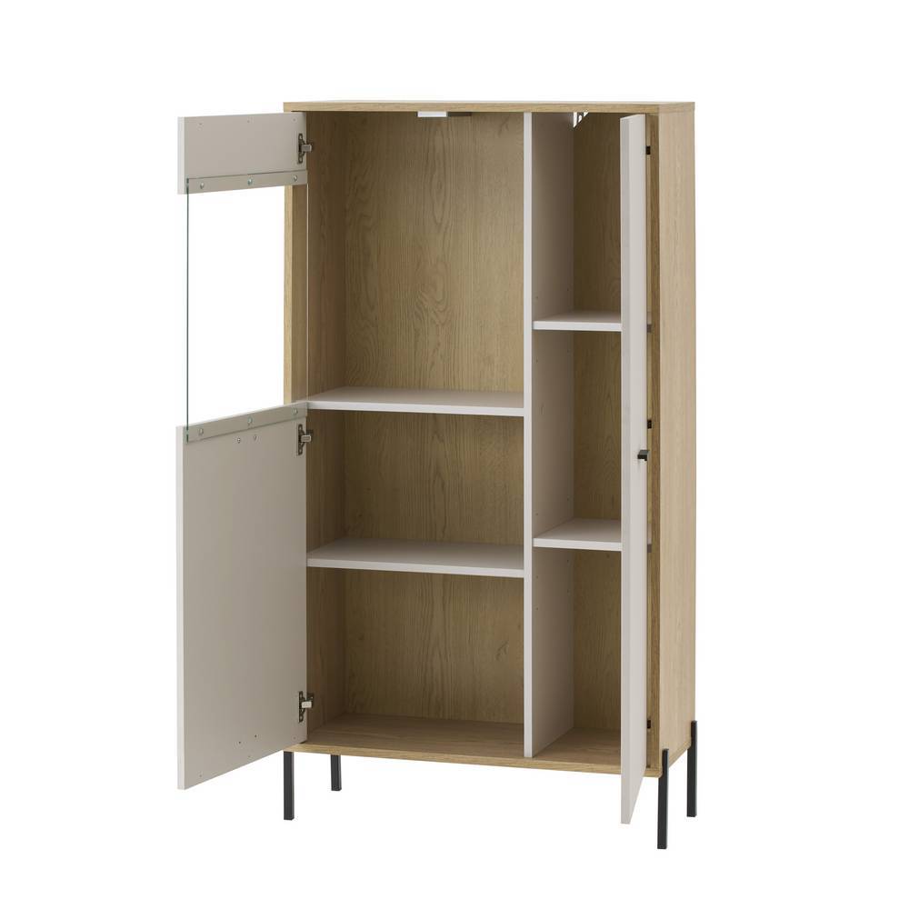 Geräumiger Hochschrank mit offenen Fächern und Einlegeböden in Eichenholzoptik und Beige – Dasanti