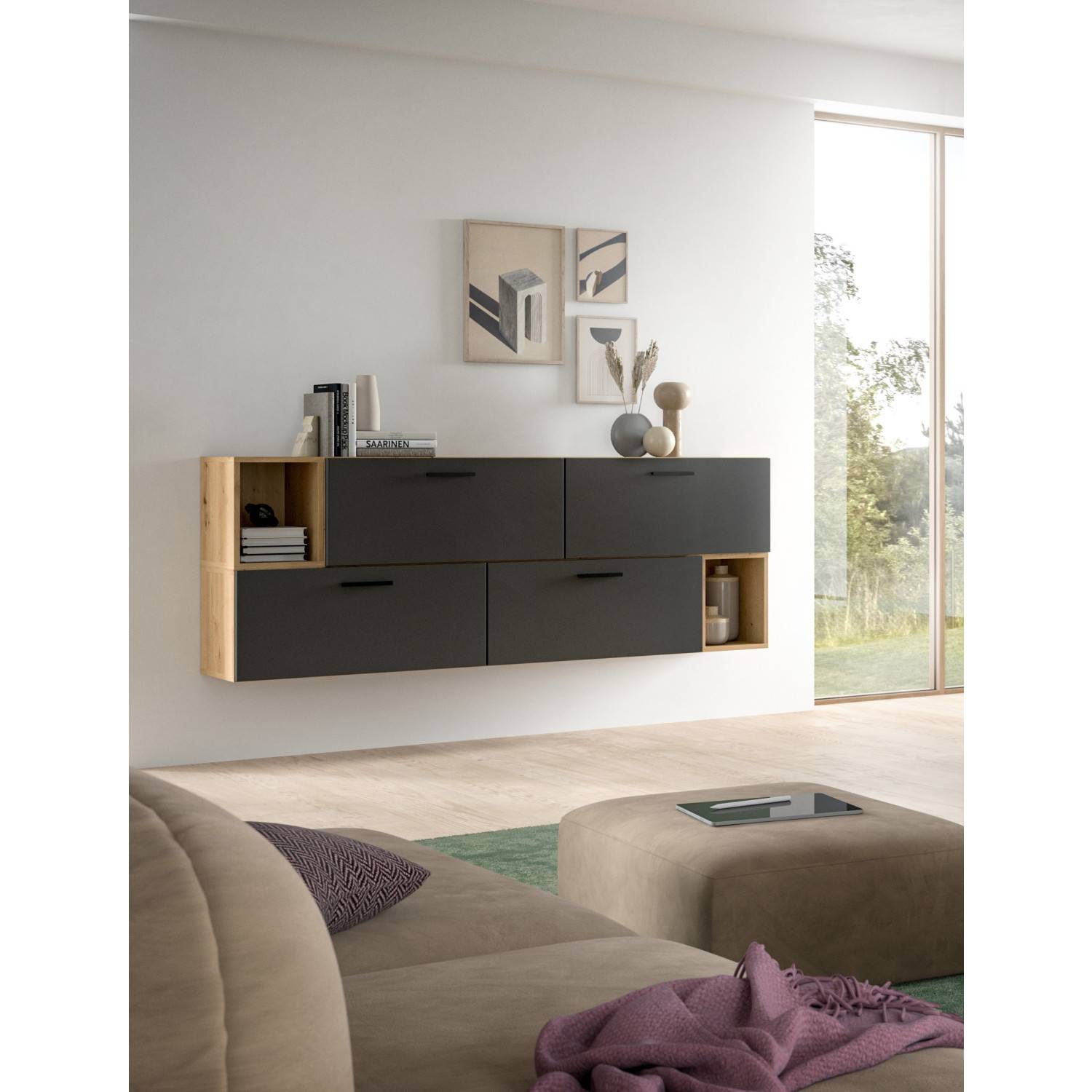 Geschlossenes TV Lowboard in Holzoptik Anthrazit als Hängeelement im modernen Wohnzimmer – Estoron