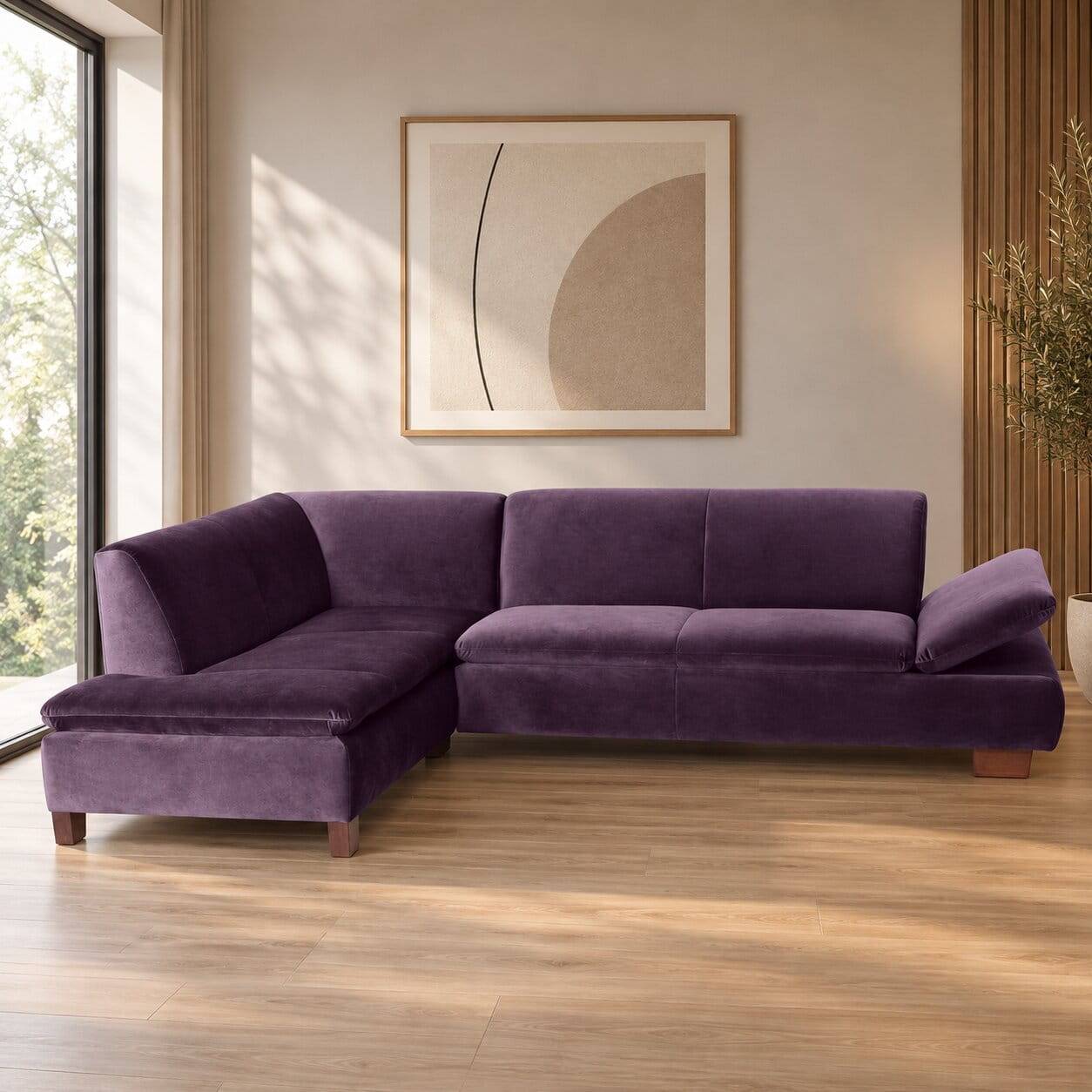 Ecksofa in Dunkellila mit Nussbaum Braun - Babahira
