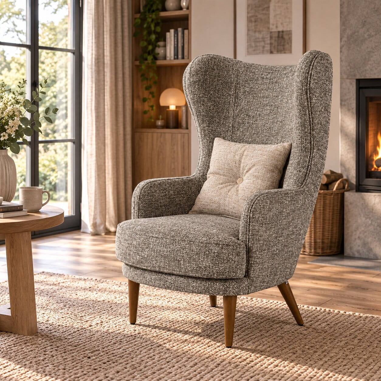Moderner Ohrensessel in Beigegrau Boucle - Curemo