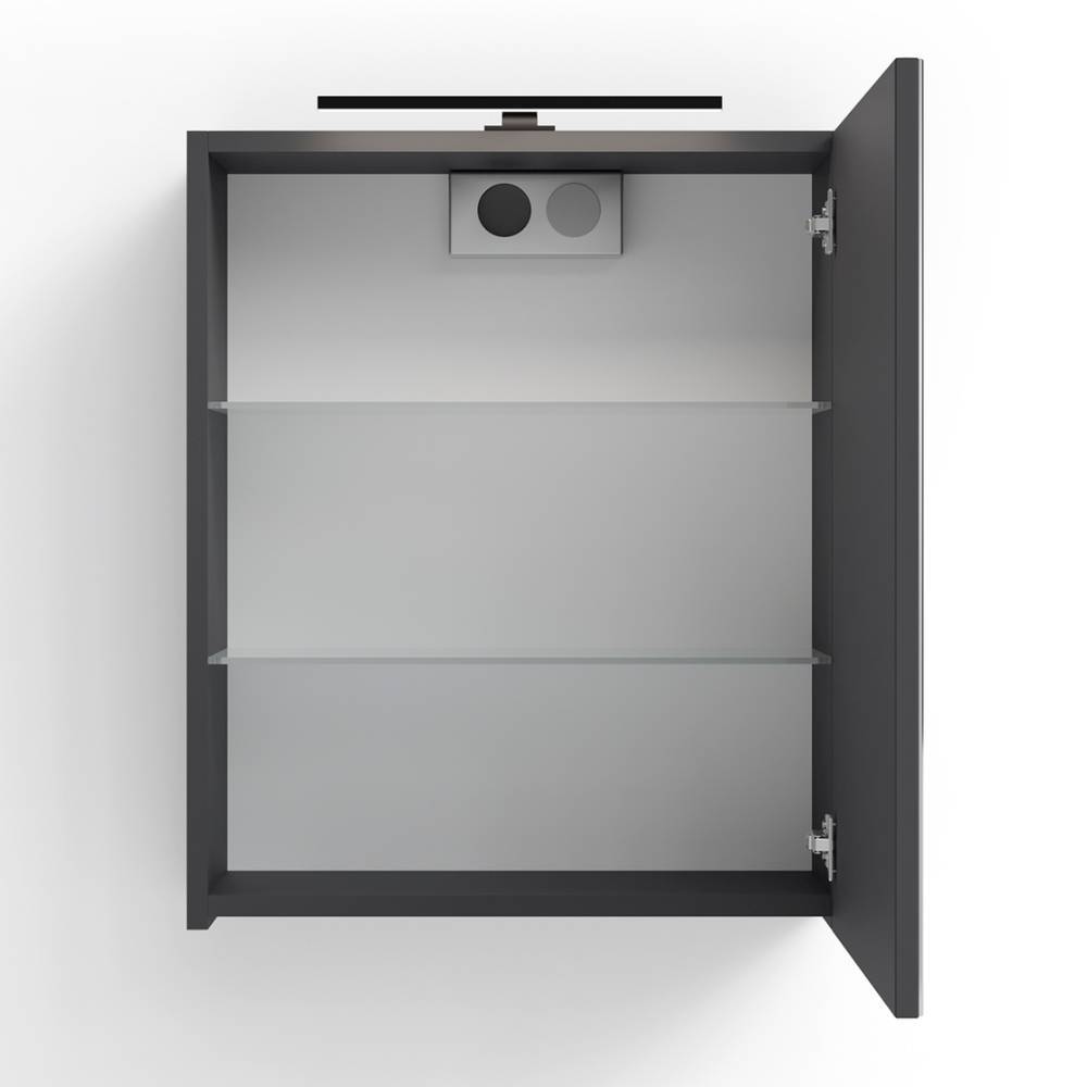 Offener Badschrank mit zwei höhenverstellbaren Glasablagen und integrierter Steckdose – Asta