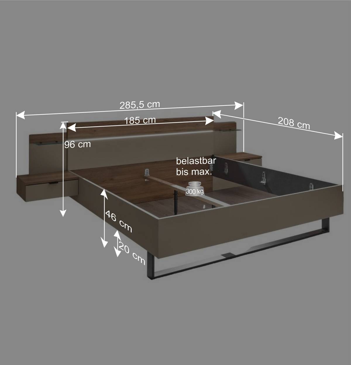 Bett und Nachtkonsolen Set - Castagno (dreiteilig)