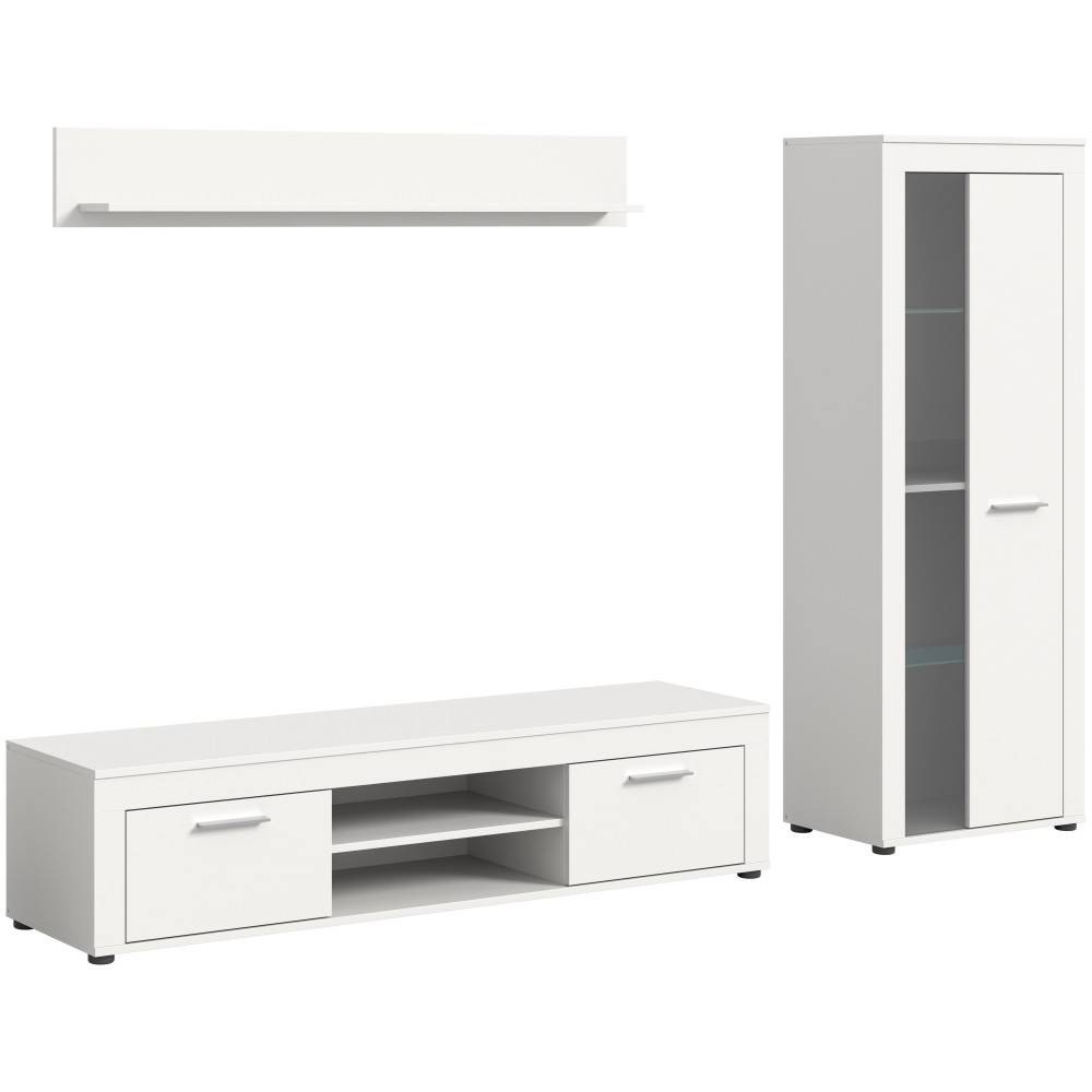 Komplettes dreiteiliges weißes Möbelset Furoro mit Lowboard, Hängeregal und Vitrinenschrank – Furoro