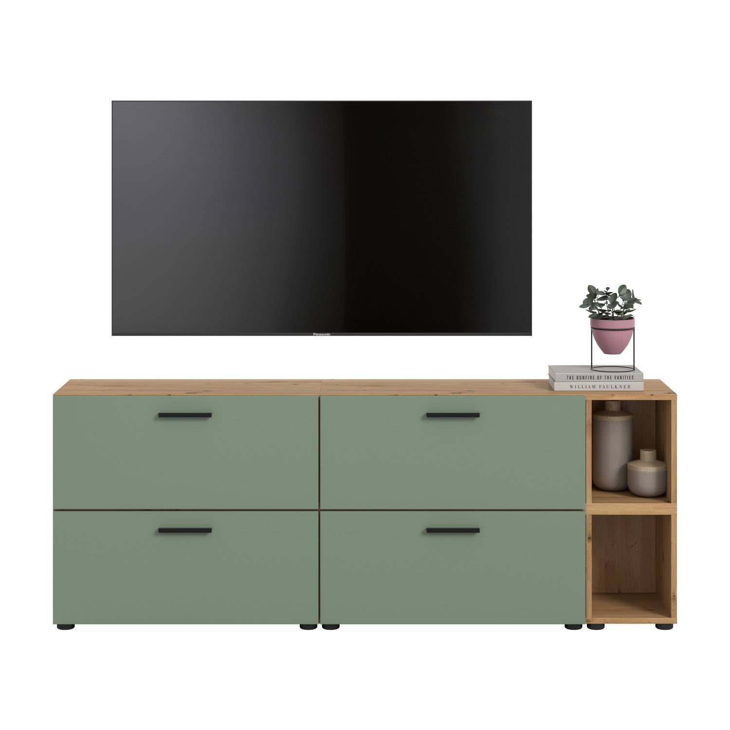 Matte Anbauwand mit grünen Fronten - Jonni III (dreiteilig)