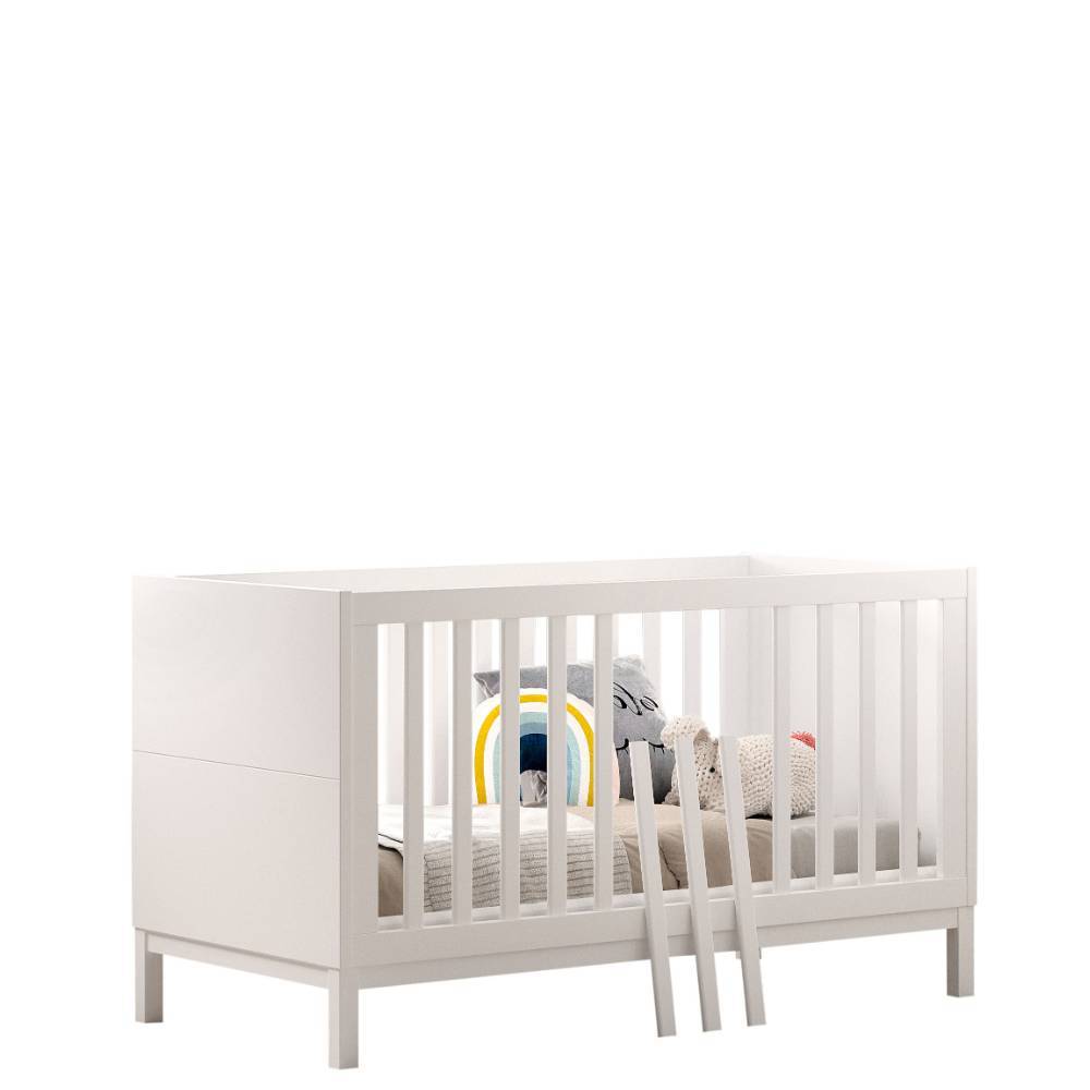 Weißes Babybett mit Gitterstäben und höhenverstellbarem Lattenrost für Kleinkinder – Crocinol