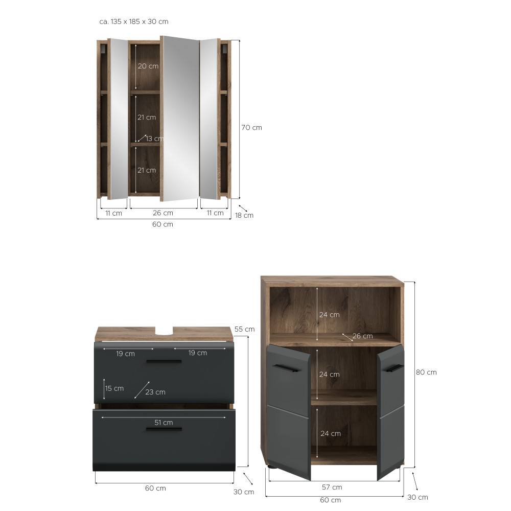 Maße und Abmessungen des kompakten Waschplatz Sets mit Spiegelschrank, Waschtisch und Badschrank – Karina