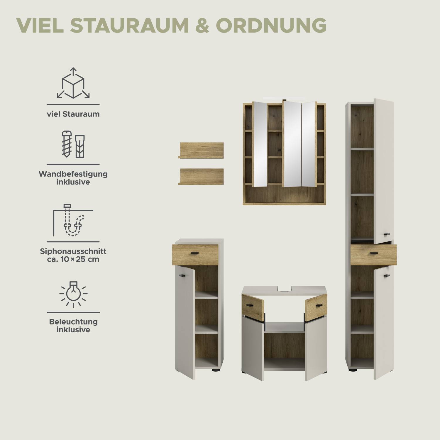 Sechsteiliges Badmöbelset Majoristo I in Eiche Optik mit viel Stauraum und praktischen Funktionen – Majoristo