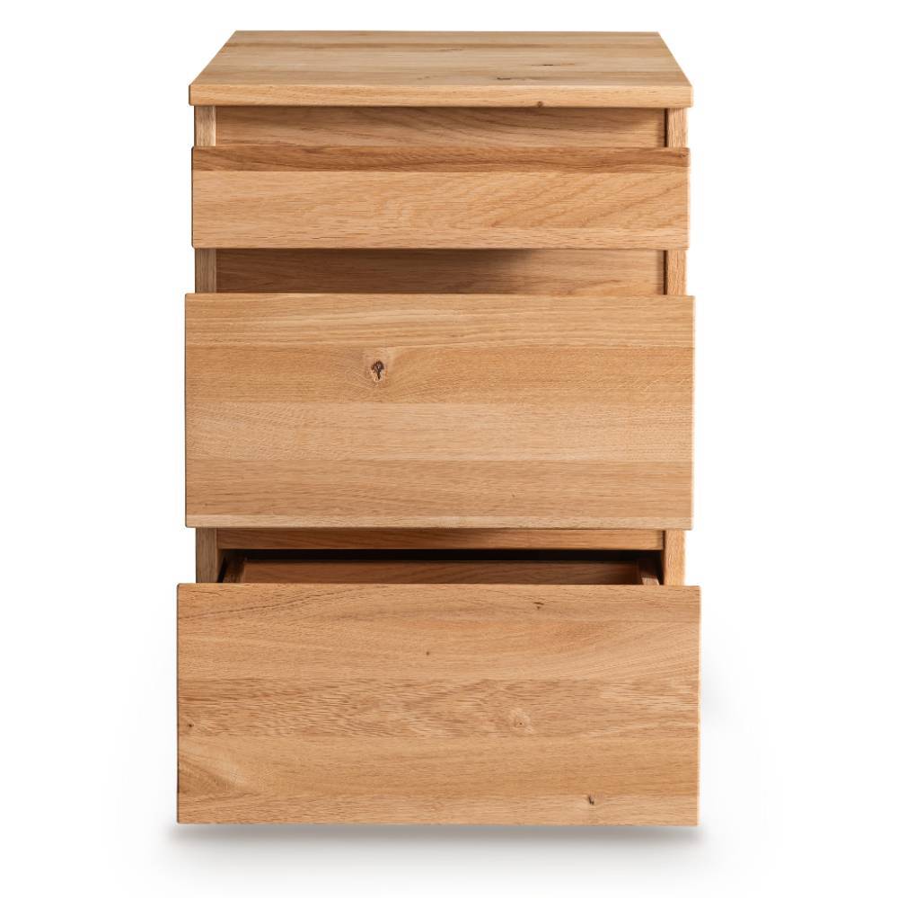 Büromöbel Rollcontainer aus Eiche Massivholz mit geöffneter unterer Schublade und Rollen – Calexia