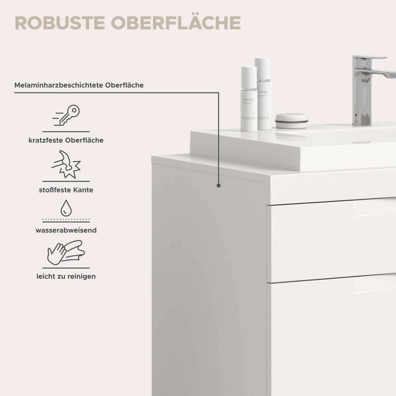 Robuste, kratzfeste und wasserabweisende Oberfläche des Waschtischunterschranks aus dem Badezimmerset – Bruna