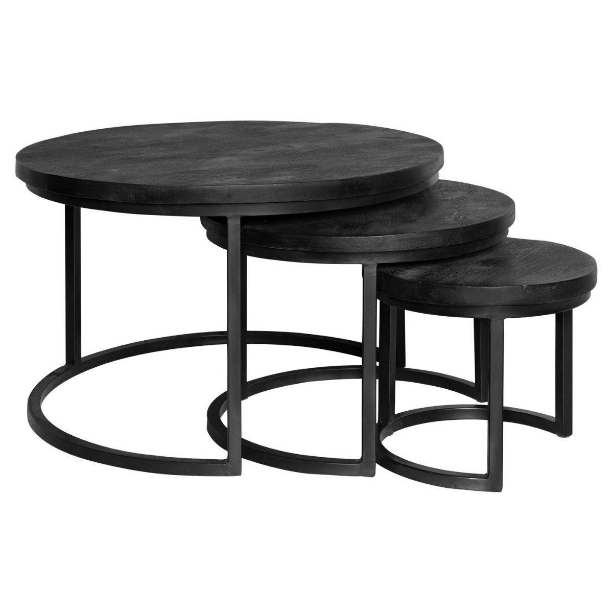 Rundes dreiteiliges Beistelltisch Set aus schwarzem Massivholz und Metallgestell – Ionella