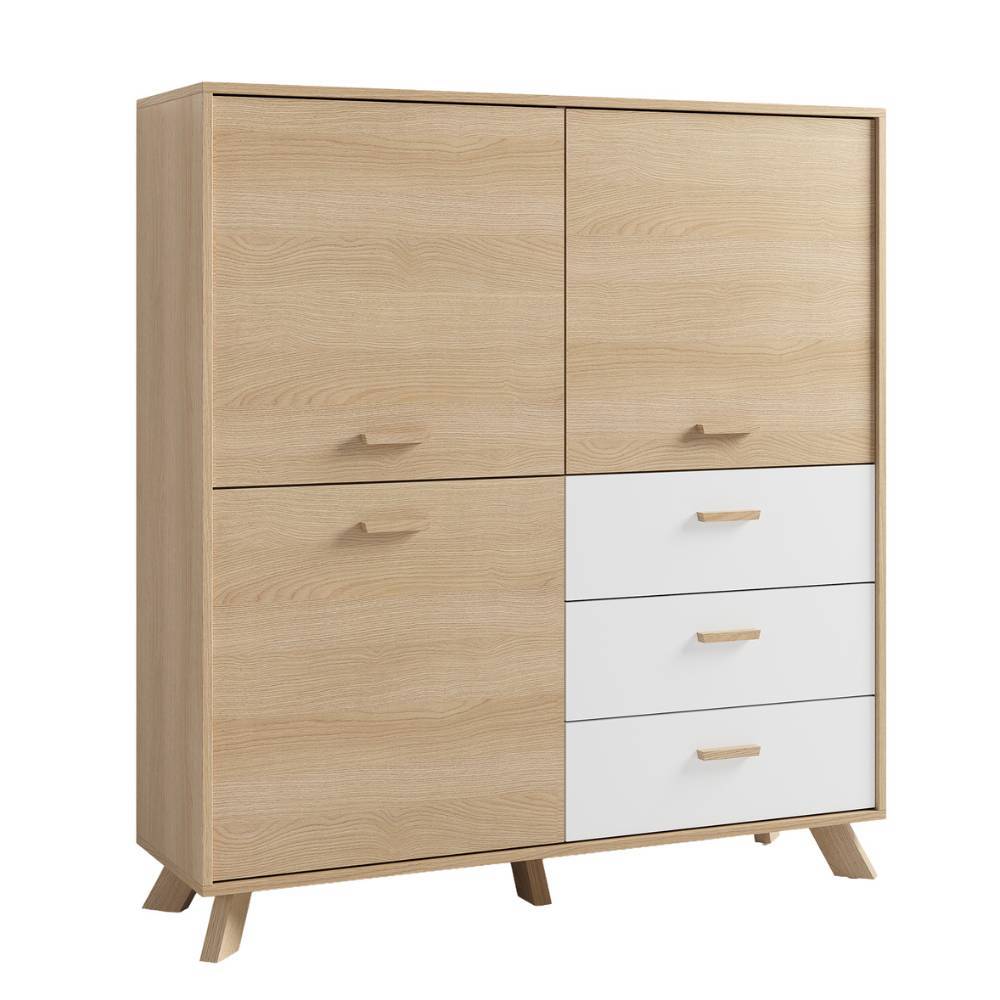 Elegantes Kombi-Highboard in heller Holzoptik und Weiß mit vier Türen und drei Schubladen – Demphis