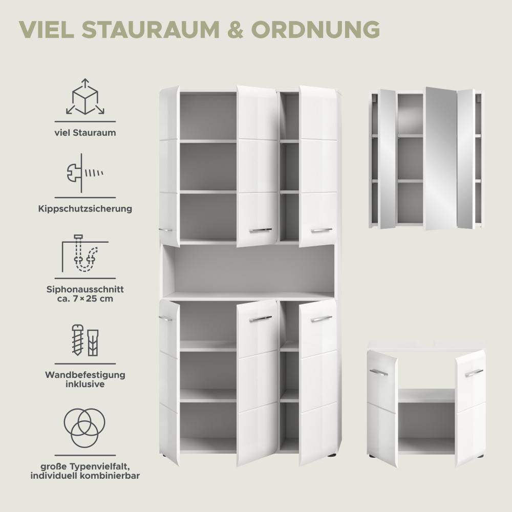 Weißes Badmöbelset dreiteilig mit viel Stauraum, Kippschutz und Siphonausschnitt für flexible Gestaltung – Clona