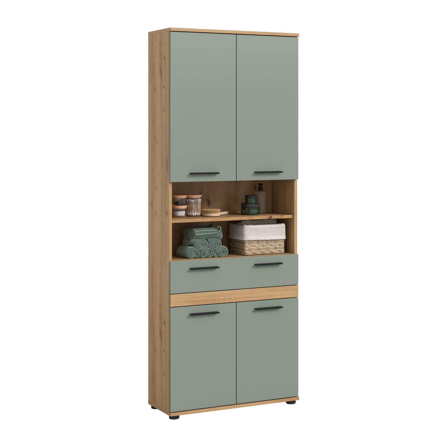 Hoher Badschrank mit vier Türen, einem Schubkasten und offener Nische in Eiche-Optik und Mintgrün – Luzanos
