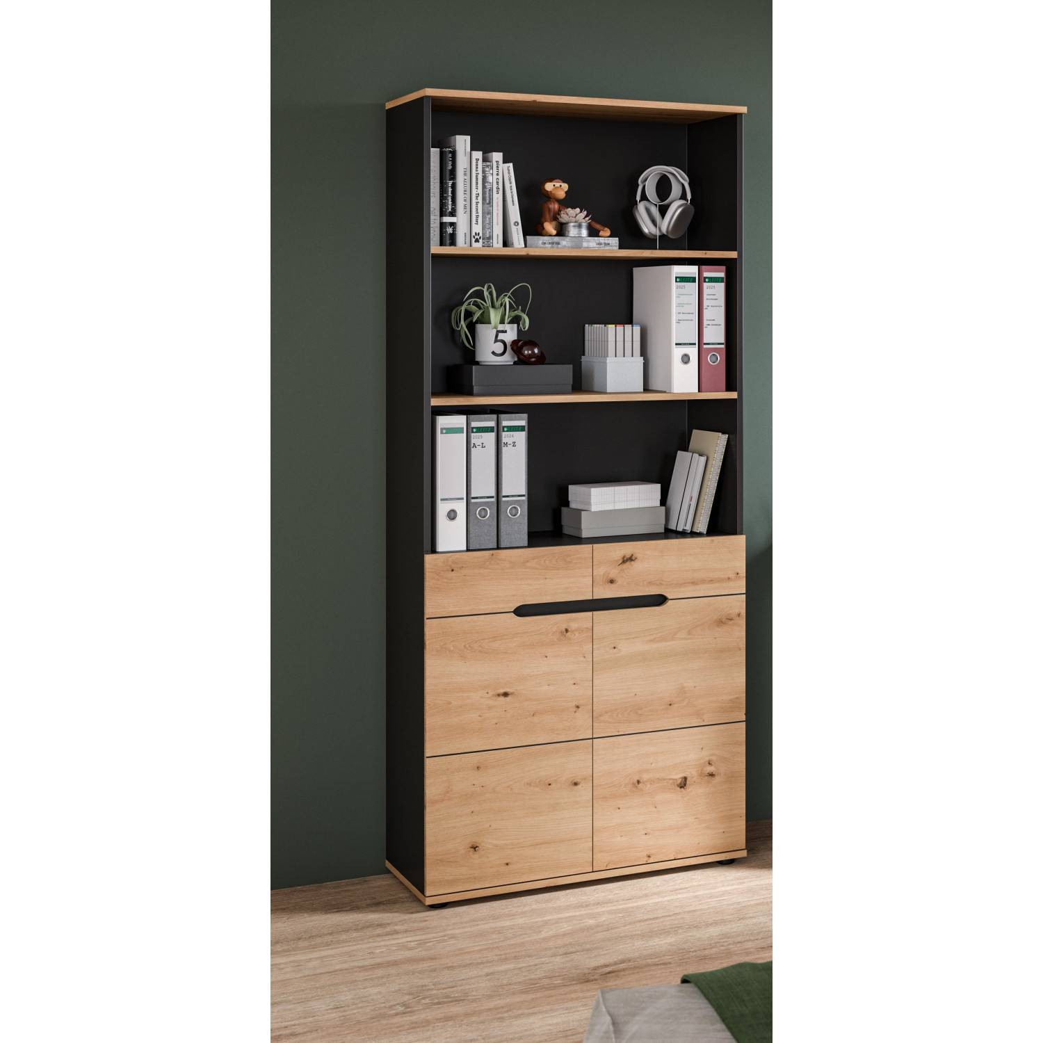 Moderner Büroschrank in Artisan Nachbildung und Basaltgrau mit Büchern und Ordnern gefüllt – Irysma
