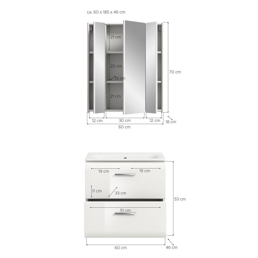 Waschplatz Set Maße und Abmessungen des Spiegelschranks und Waschbeckenunterschranks – Clona