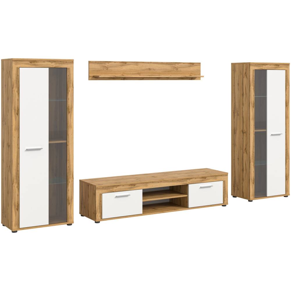 Vierteilige Wohnzimmer Schrankwand mit Vitrinenschränken, TV-Unterschrank und Wandboard – Jatiga