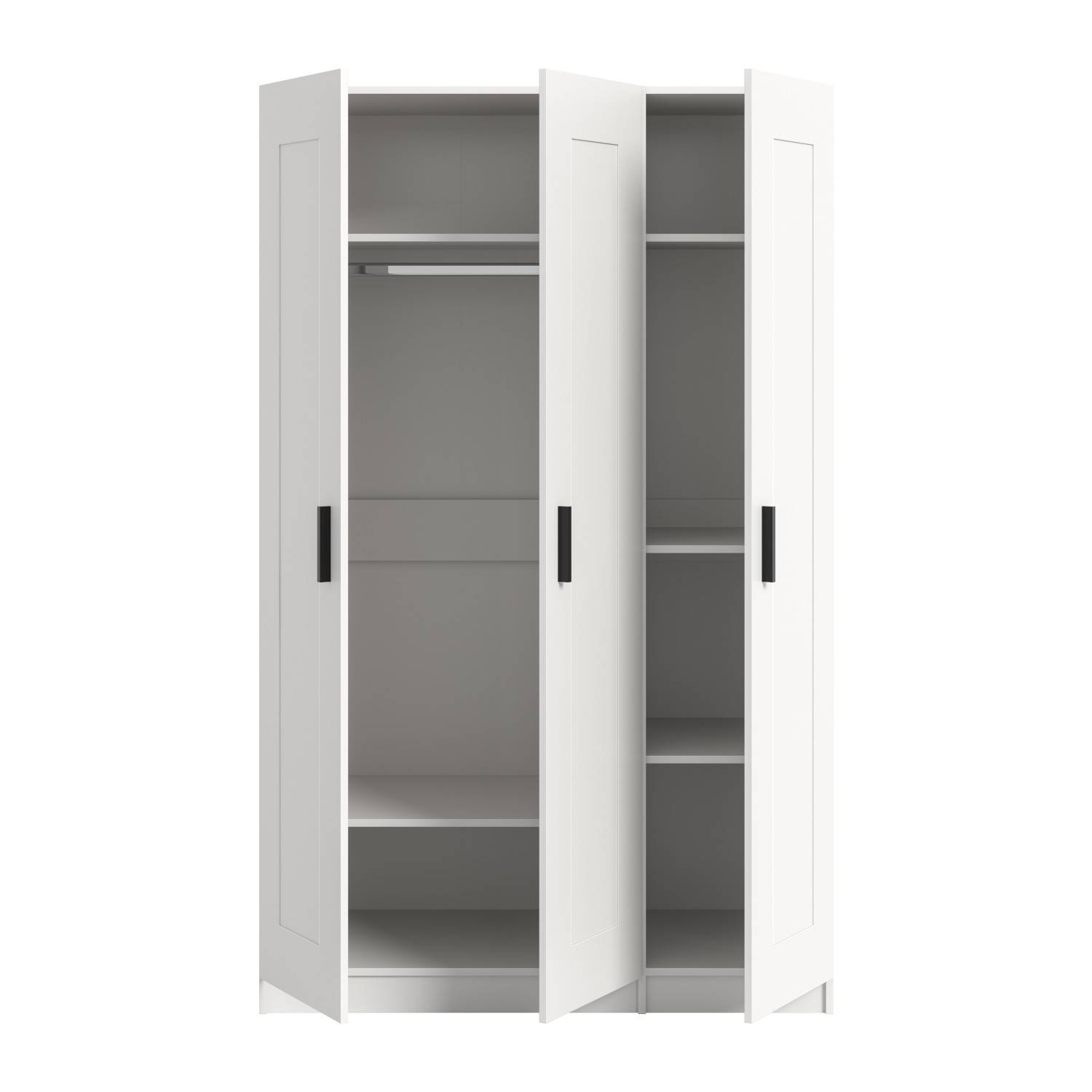 Weißer Drehtürenschrank Bilbo offen mit Kleiderstange und vielen Fächern für Kleidung – Bilbo