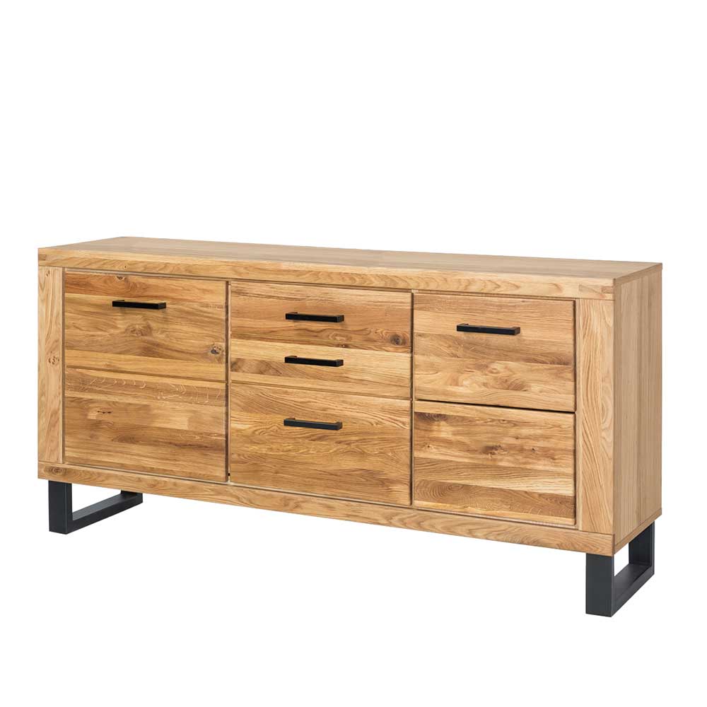 Design Sideboard 158cm in Wildeiche teilmassiv mit Schubladen und Türen auf schwarzen Metallfüßen – Arello