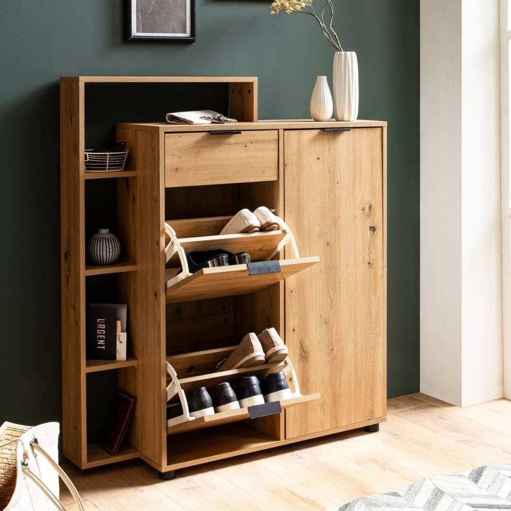 Flur-Highboard in Eiche Holzdekor mit offenen Schuhfächern und Seitenregal – Zerial