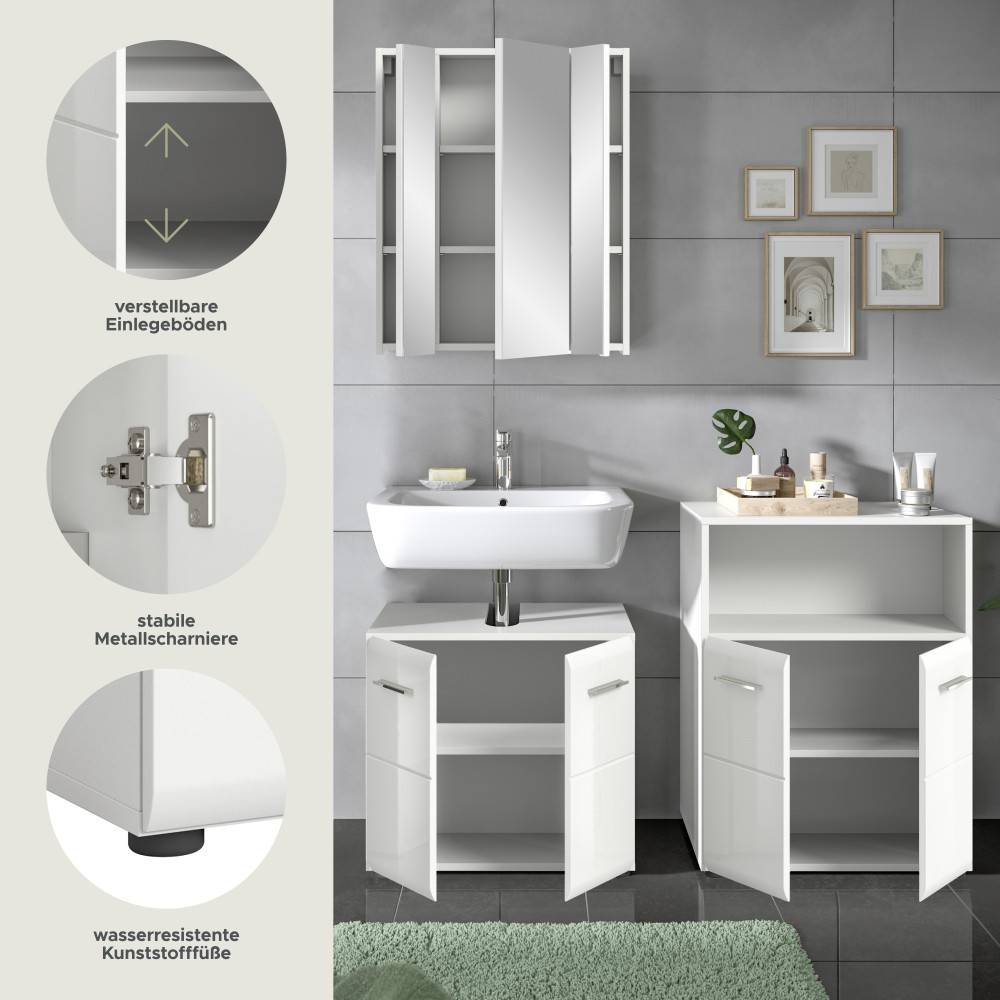 Badschrank-Details mit verstellbaren Einlegeböden, stabilen Metallscharnieren und wasserresistenten Füßen – Clona