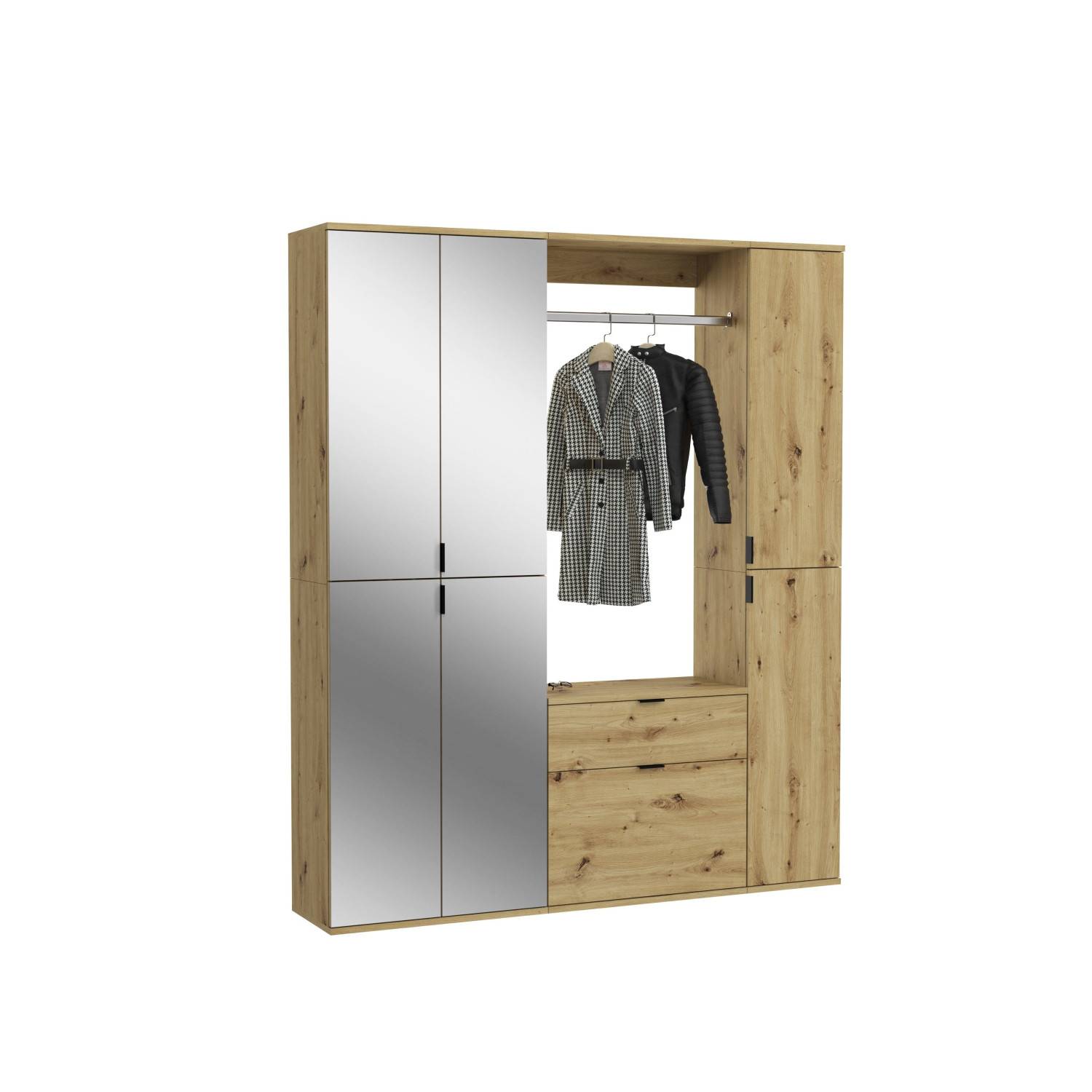 Garderobenschrank in Holzdekor mit großer Spiegelfläche, Kleiderstange, Schubladen und Türen – Pretty