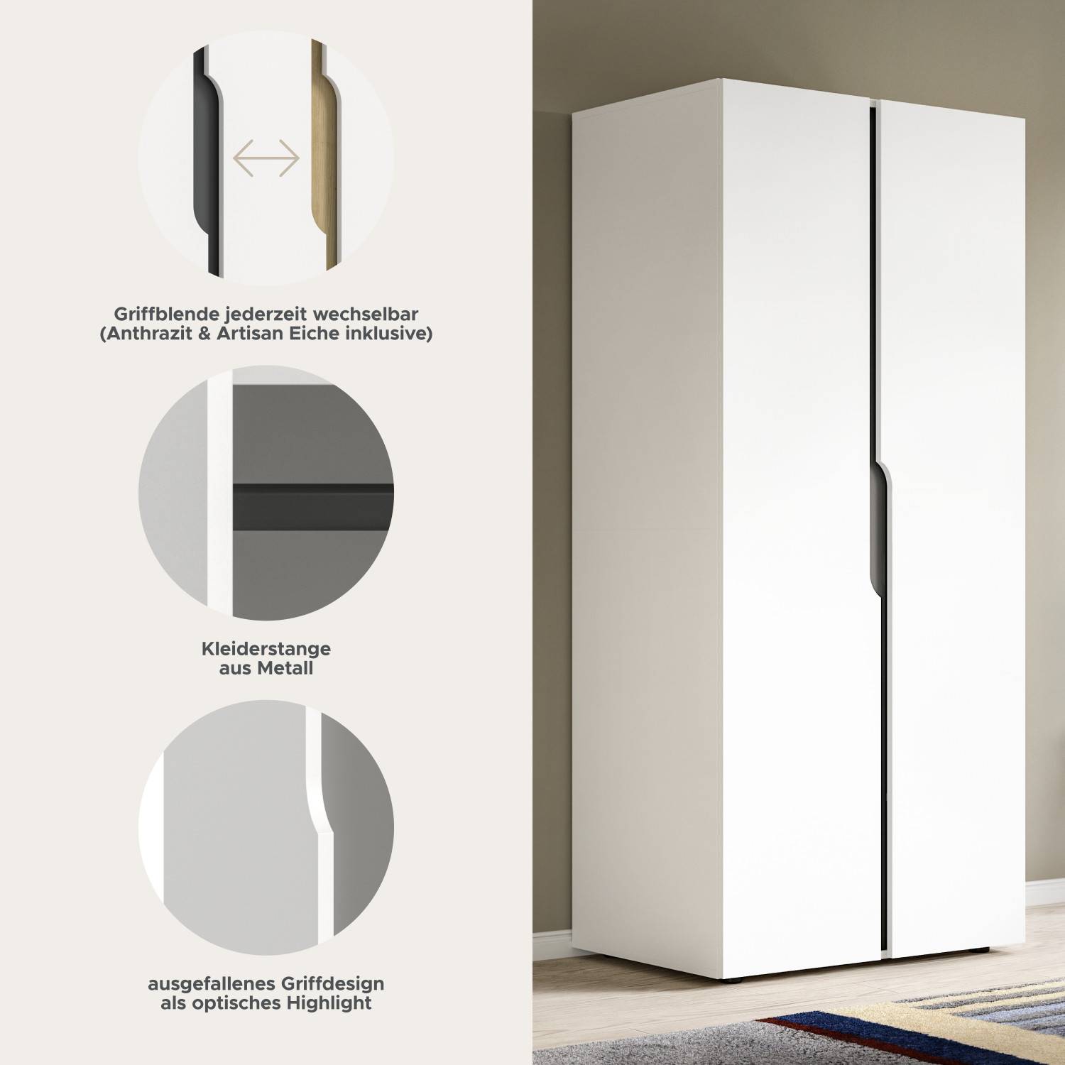 Badschrank Details: wechselbare Griffblende, Metall-Kleiderstange und auffälliges Griffdesign – Carina
