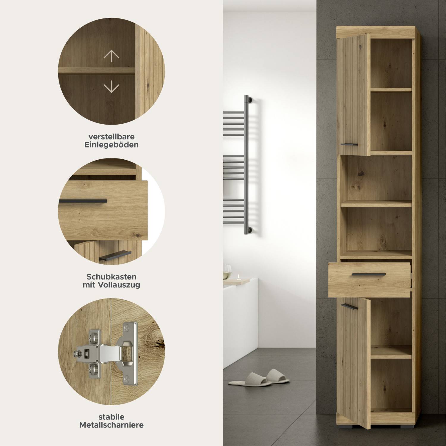 Funktionsdetails des Hochschranks verstellbare Einlegeböden, Schubkasten mit Vollauszug, Metallscharniere – Lasewood