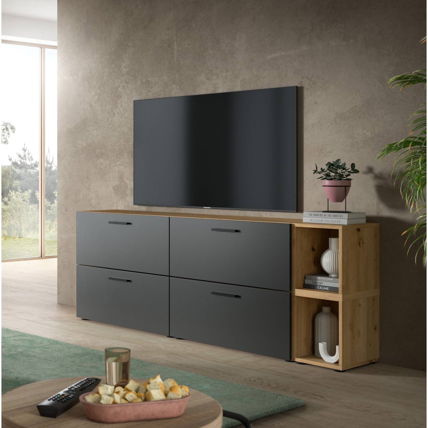 Modernes TV Lowboard mit vier geschlossenen Klappen und Regal in Eichenoptik und Anthrazit – Estoron