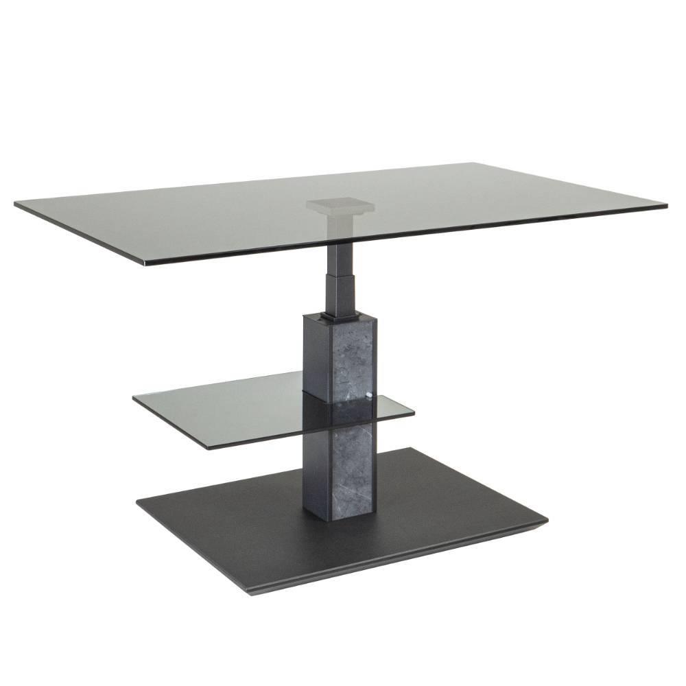 Moderner Couchtisch aus Parsolglas mit ausgefahrener Lift-Mechanik und Marmoroptik-Säule – Cinema