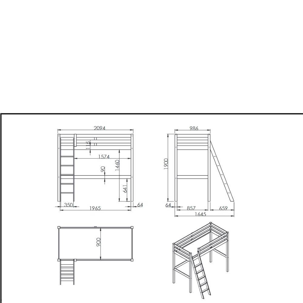 Skizze des Etagenbetts im Winkeldesign mit allen Gesamtmaßen und Dimensionen – Napcolia