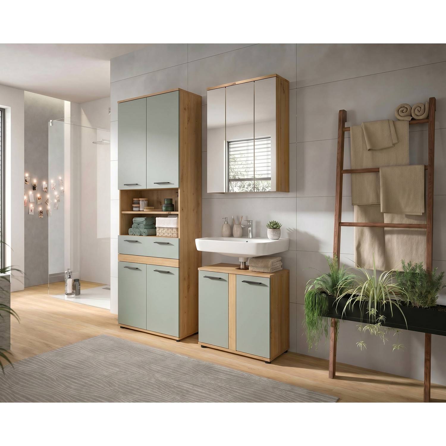 Badezimmermöbel Set dreiteilig mit Waschtisch, Spiegelschrank und Hochschrank in Eiche und Salbeigrün – Luzanos