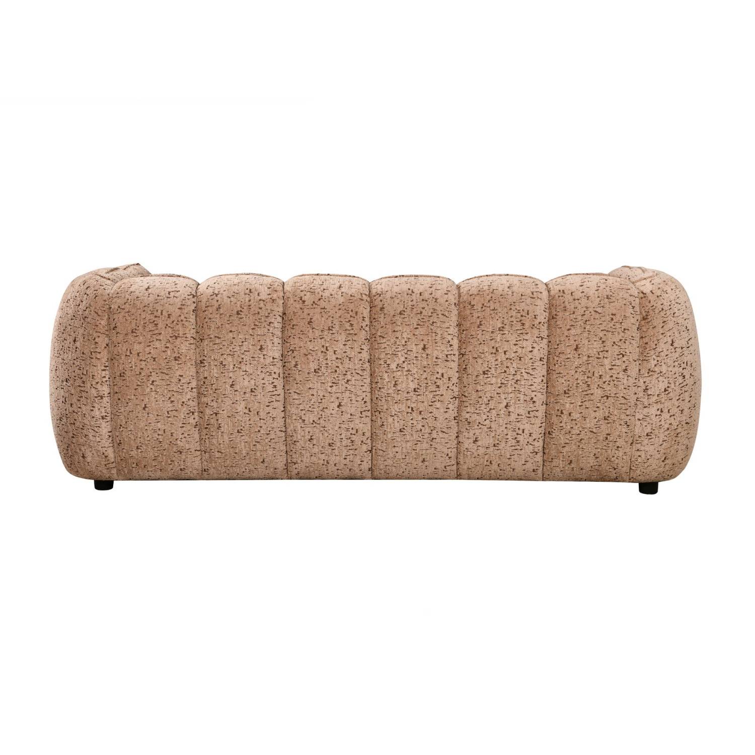 Rückansicht der Taupe Bouclé Couch mit gerippter Rückenlehne – Tenny