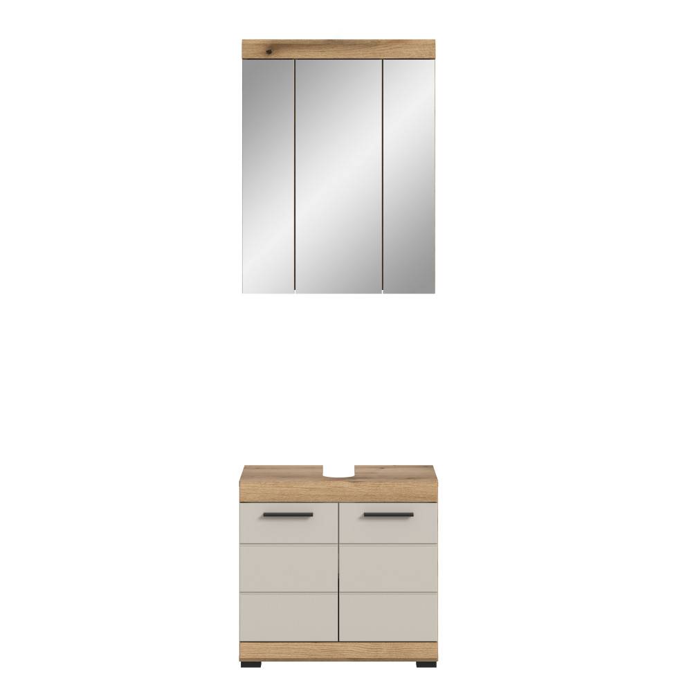 Badmöbel-Kombination aus Spiegelschrank und Waschbeckenunterschrank in Beige-Holzoptik – Casserra