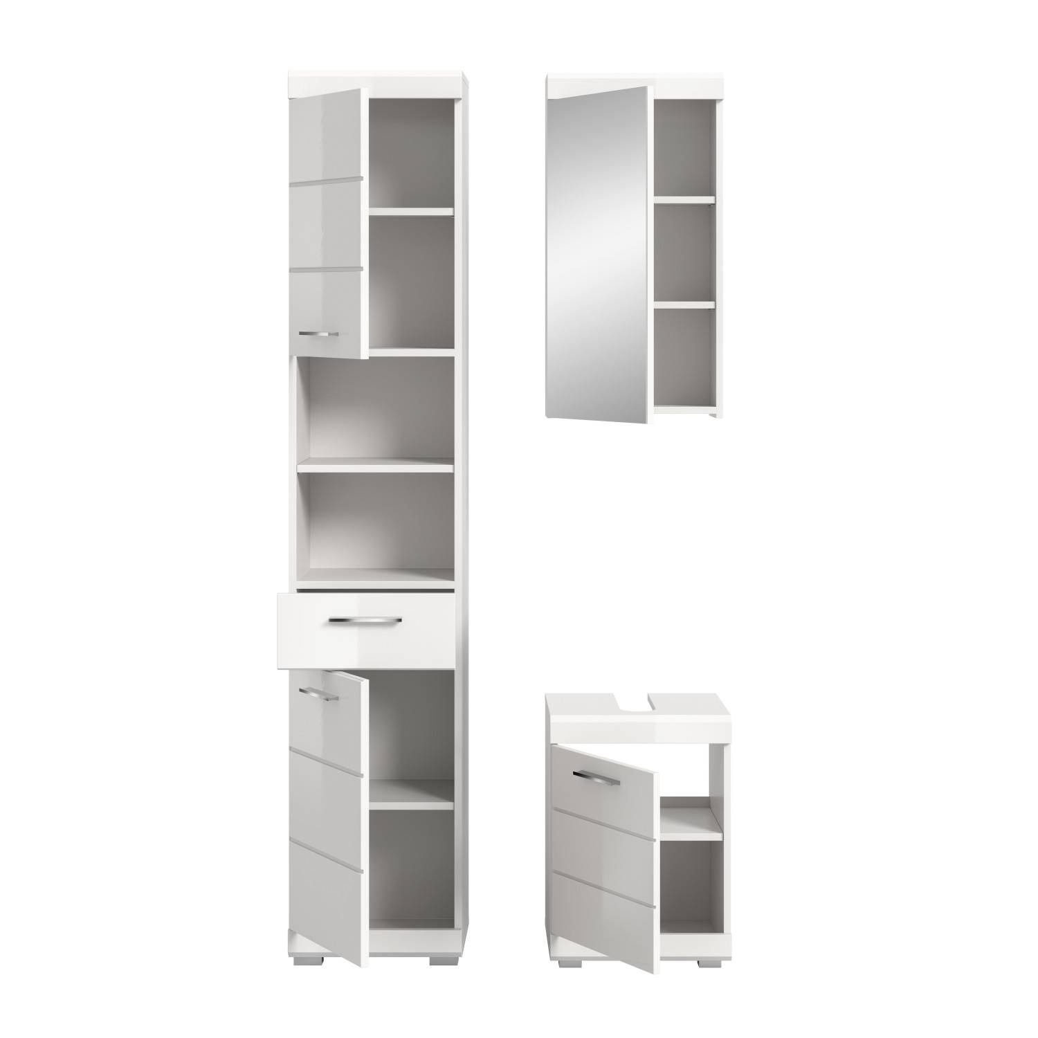 Weißes dreiteiliges Badmöbel Set mit offen sichtbaren Schränken und Spiegel – Nanila