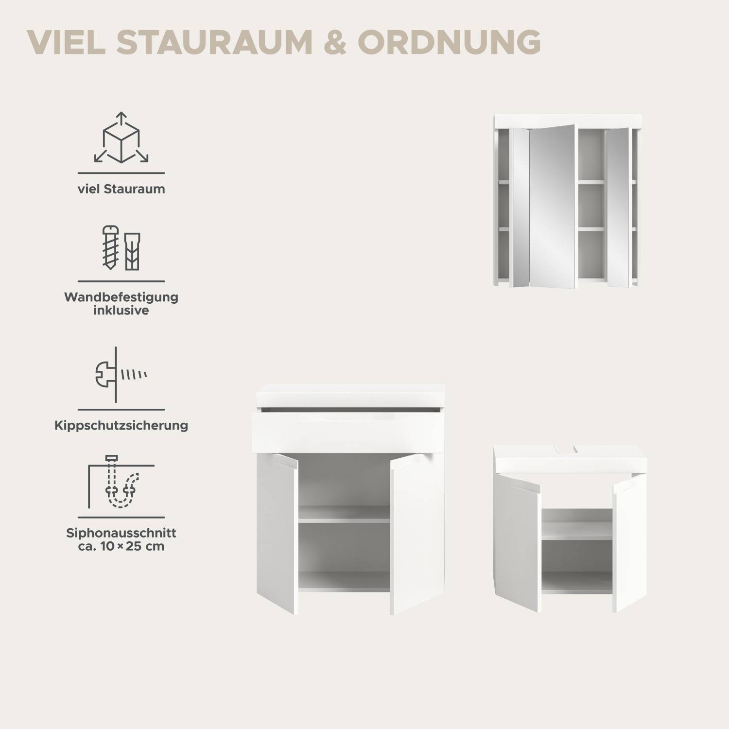 Viel Stauraum, Wandsicherung und Siphonausschnitt des weißen dreiteiligen Badmöbel Sets – Bruna