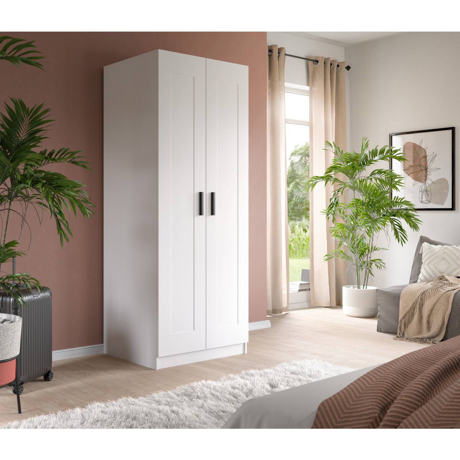 Weißer schmaler Kleiderschrank mit geschlossenen Kassettenfronten im modernen Schlafzimmer – Bilbo