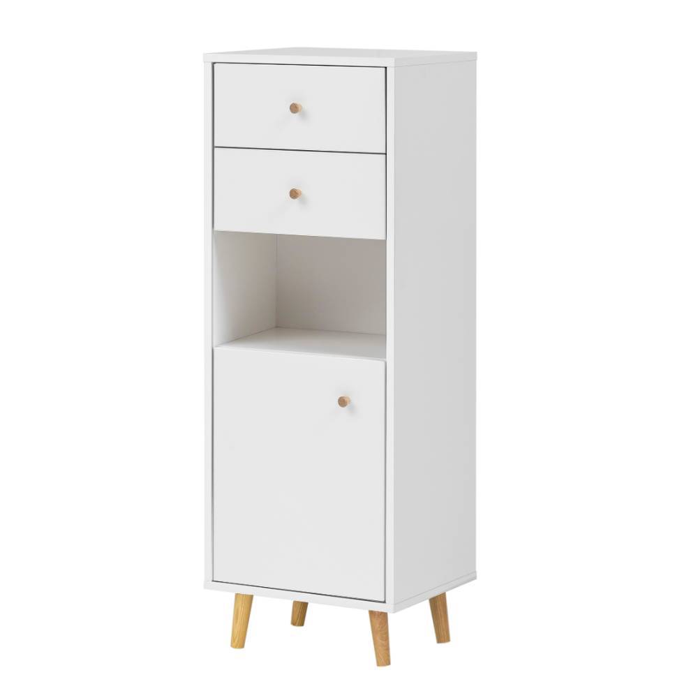 114 cm hoher Badschrank in Mattweiß mit zwei Schubladen und einer Tür – Anuta