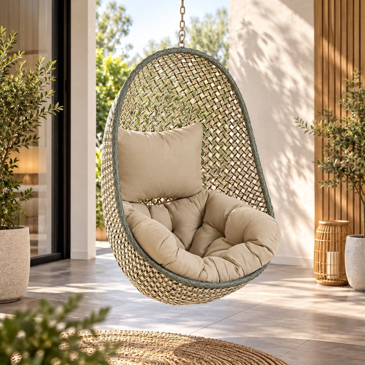 Sessel zum Aufhängen aus Geflecht Kunstrattan mit Kissen in Beige