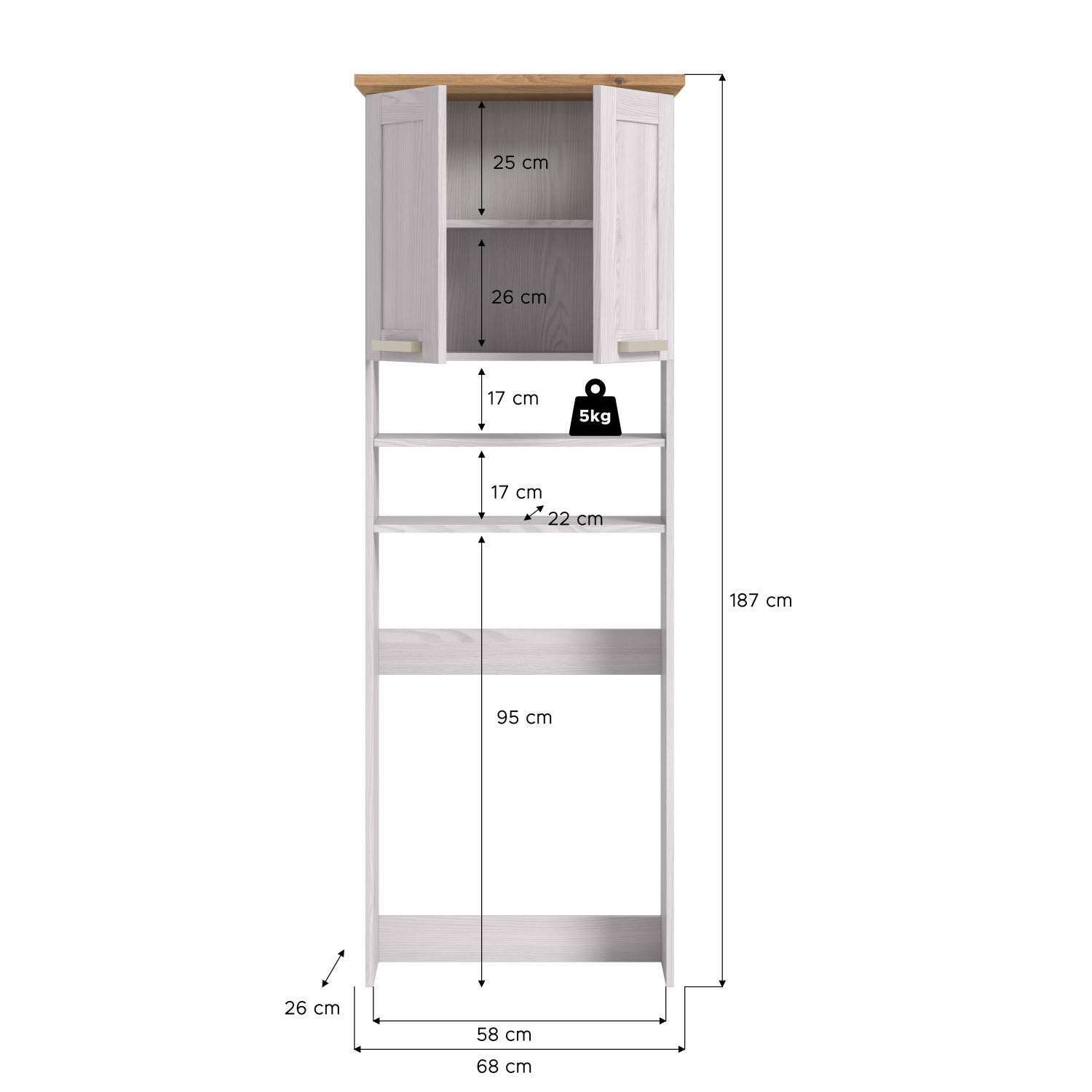 Weißer Badezimmer Hochschrank mit detaillierten Maßen und Abmessungen – Tocella