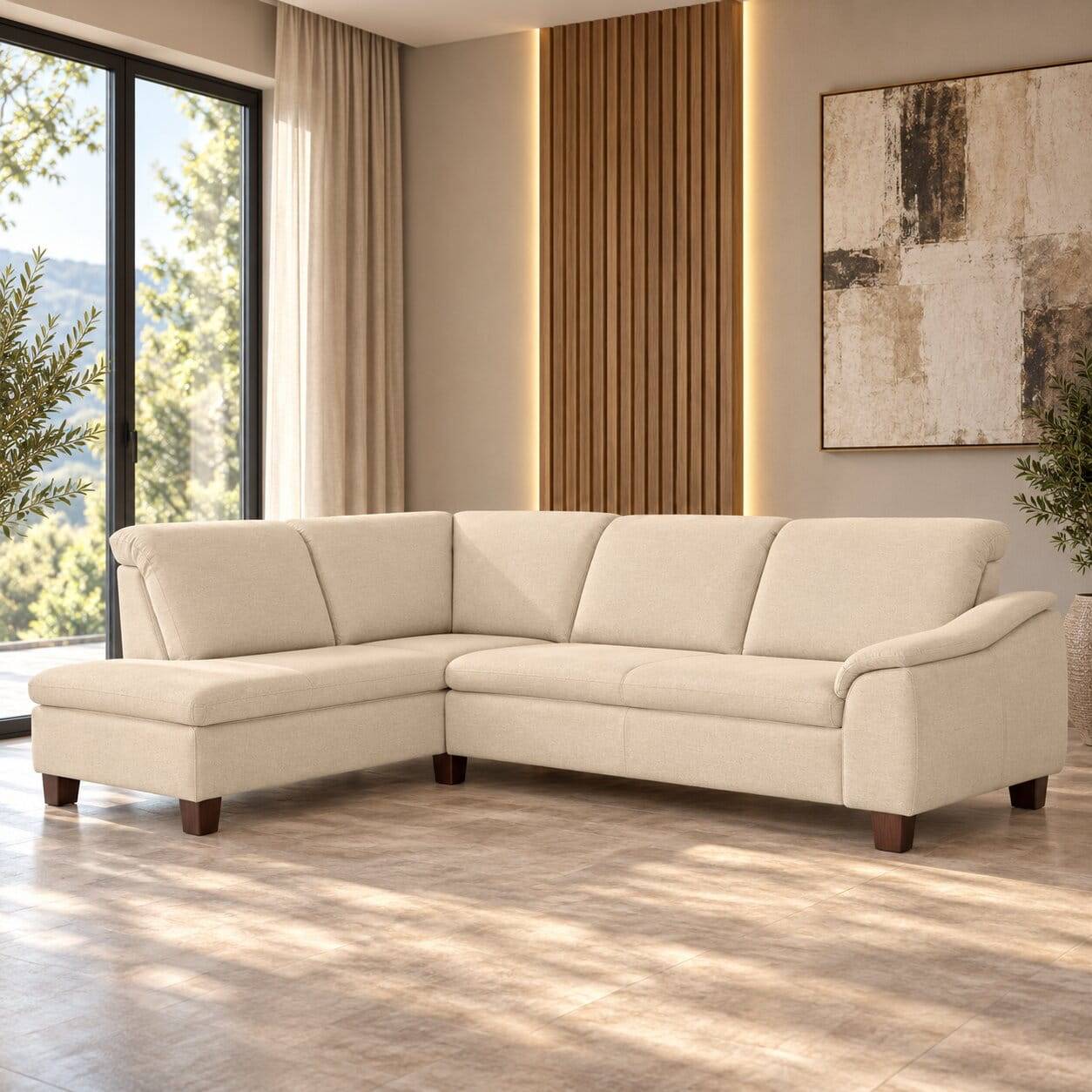 Ecksofa in Beige mit Nussbaum Braun - Nando