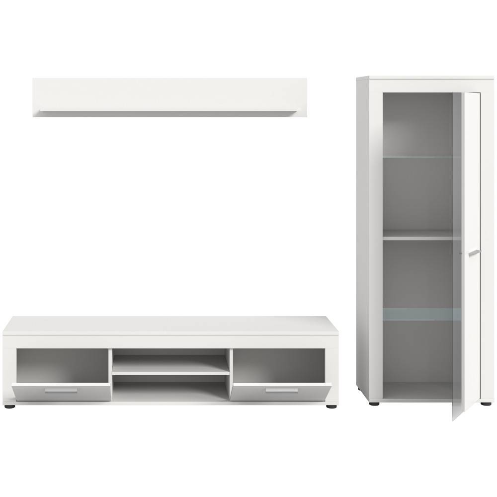 Weiße dreiteilige Schrankwand mit TV-Lowboard, Hängeregal und Vitrine mit Glasfront – Furoro
