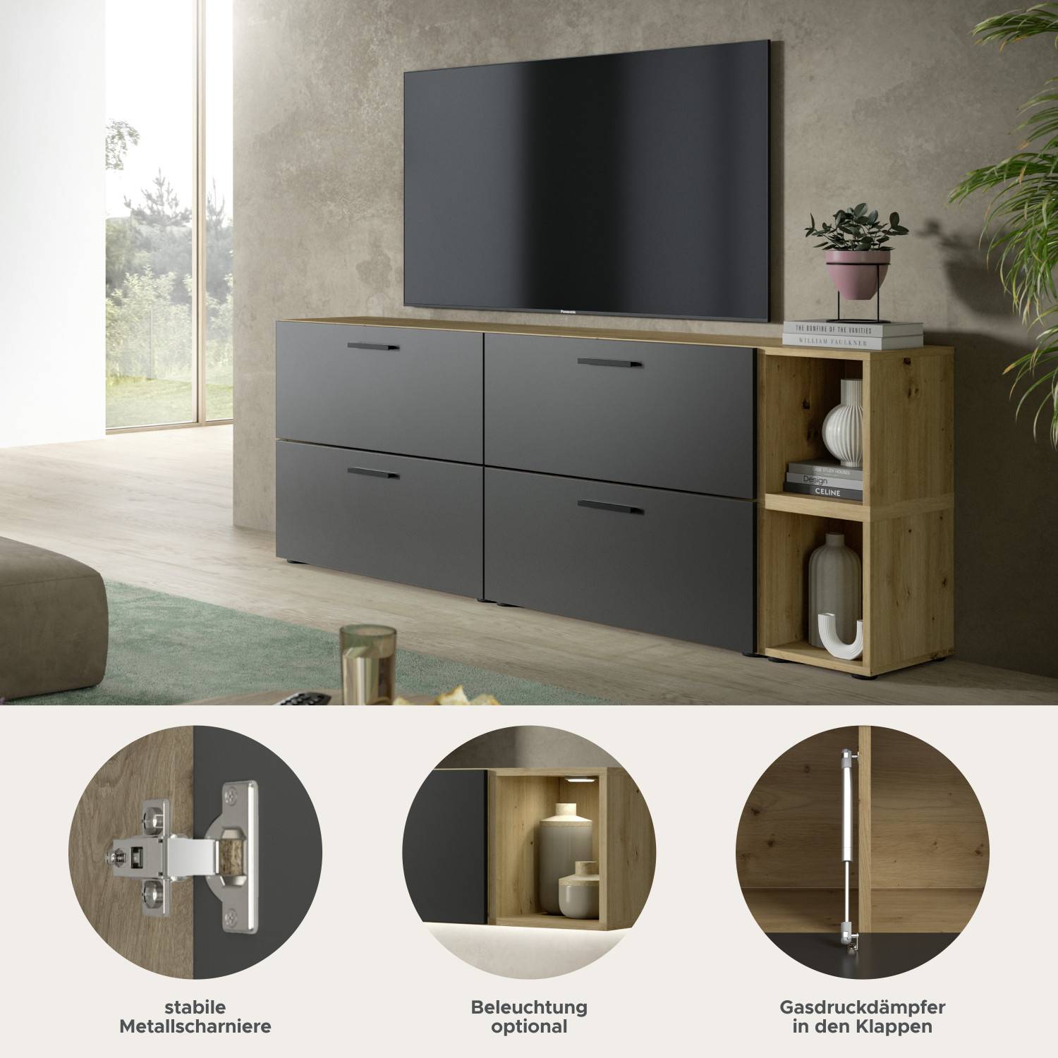 Stabile Metallscharniere, Gasdruckdämpfer in den Klappen und optionale Beleuchtung im TV Sideboard – Estoron