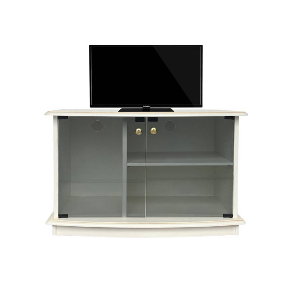 Elegantes TV Board mit Fernseher auf der Ablagefläche, zwei Glastüren, weiß – Kopenhagen