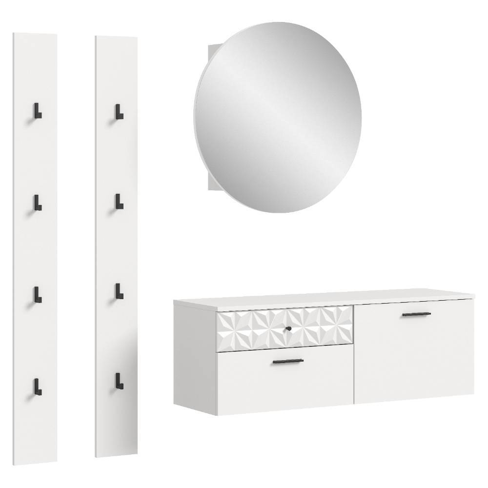 Stilvolle Flurmöbel in Weiß: zwei Garderobenleisten, runder Wandspiegel und Sideboard – Ustabo